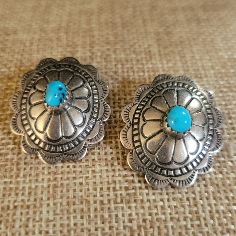 Vintage 925 Sterling Silver Turquoise Concho Clip On Earrings Size 1" Western